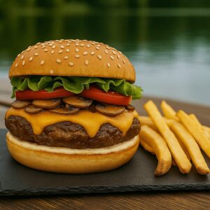 Hamburguesa personalizada con ingredientes a elección y papas fritas, servida en Kochü, restaurante en Vichuquén con vista al Lago