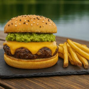 Hamburguesa Brasileña con palta, queso cheddar y mayonesa, acompañada de papas fritas, servida en Kochü, restaurante en Vichuquén con vista al Lago