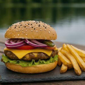 Hamburguesa Clásica con queso cheddar, tomate, lechuga, pepinillo y papas fritas, servida en Kochü, restaurante en Vichuquén con vista al Lago