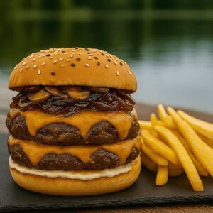 Hamburguesa doble artesanal con papas fritas servida en Kochü, restaurante en Vichuquén con vista al Lago