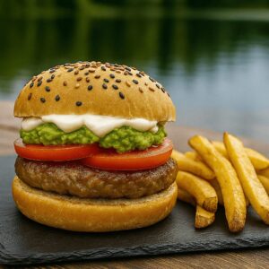 Hamburguesa Italiana con tomate, palta y mayonesa, acompañada de papas fritas, servida en Kochü, restaurante en Vichuquén con vista al Lago