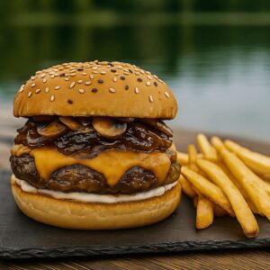 Hamburguesa Kochü con champiñones, cebolla caramelizada, queso cheddar y papas fritas, servida en Kochü, restaurante en Vichuquén con vista al Lago