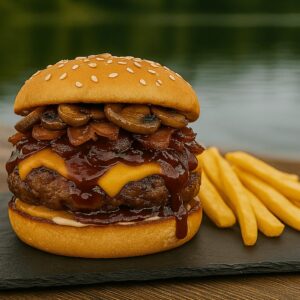 Hamburguesa Kochü Premium con tocino, BBQ, champiñones, cebolla caramelizada, queso cheddar y papas fritas, servida en Kochü, restaurante en Vichuquén con vista al Lago