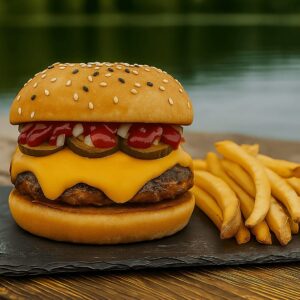 Hamburguesa MC Kochü con doble cheddar, pepinillos y papas fritas servida en Kochü, restaurante en Vichuquén con vista al Lago