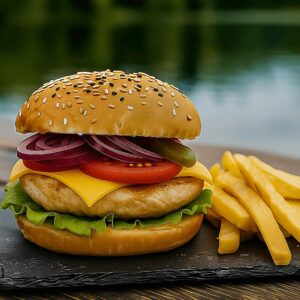 Hamburguesa artesanal con base de pollo servida en Kochü, restaurante en Vichuquén con vista al Lago
