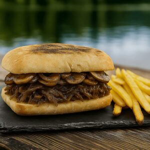 Sándwich Mechada Kochu con papas fritas, servido en pan ciabatta en Kochü, restaurante en Vichuquén con vista al Lago