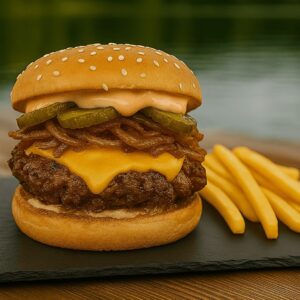 Hamburguesa Oklahoma con queso cheddar, cebolla frita, pepinillos y papas fritas, servida en Kochü, restaurante en Vichuquén con vista al Lago