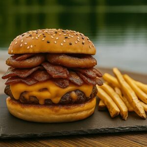 Hamburguesa Super Bacon con doble tocino, cheddar y papas fritas servida en Kochü, restaurante en Vichuquén con vista al Lago